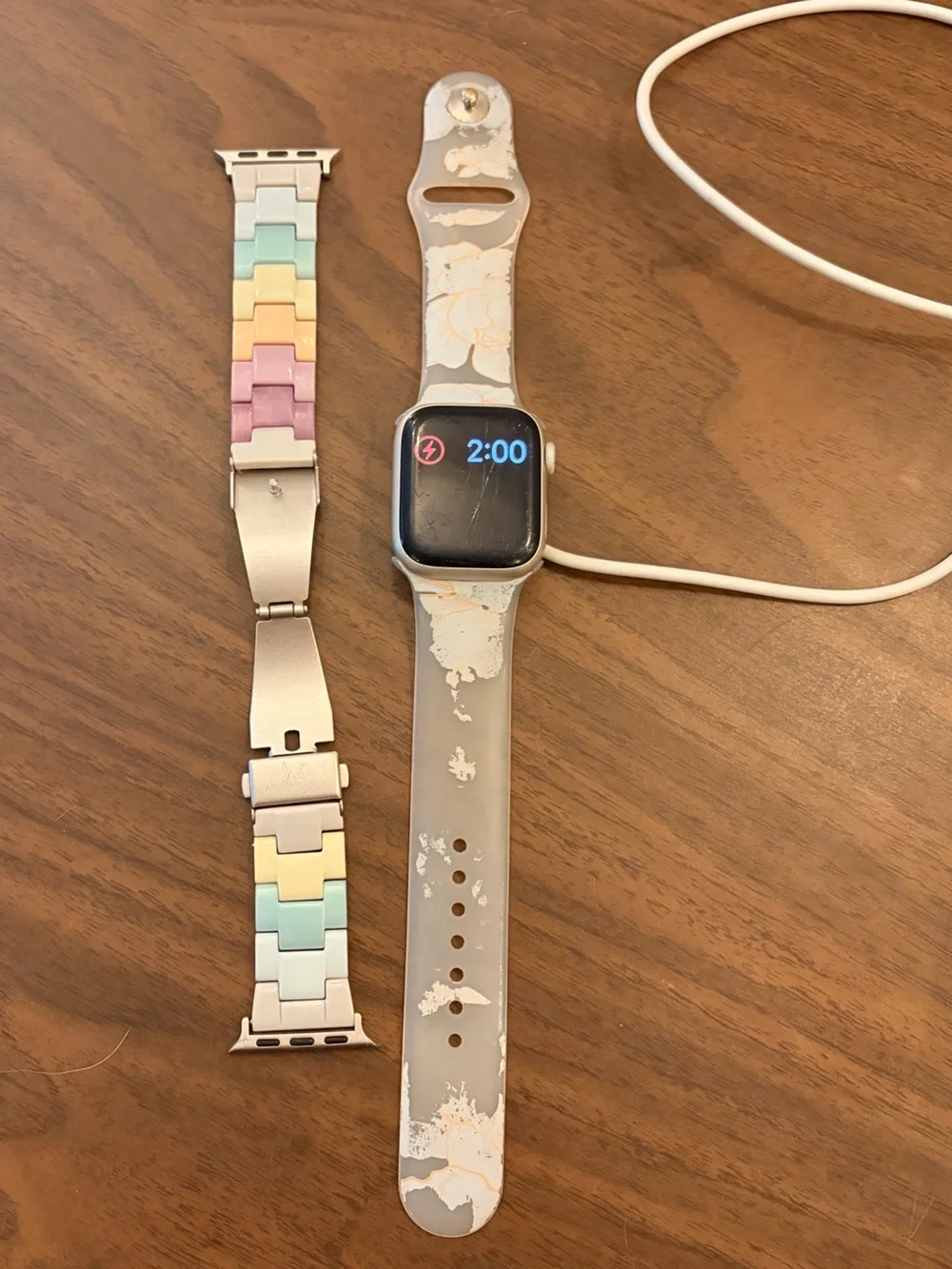 Apple Series 7 Smartwatch with Pastel Link Band and Gray Silicone Strap